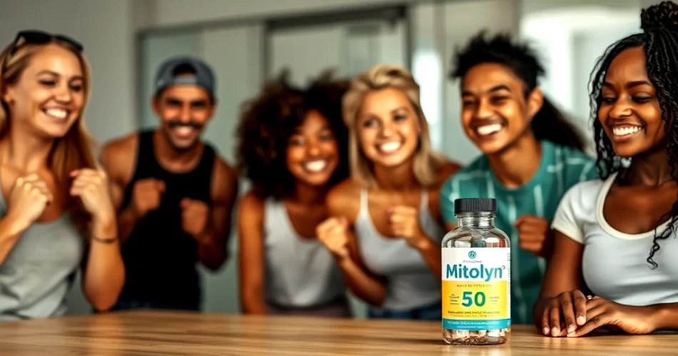 A group of diverse people exercising and smiling, with a Mitolyn bottle on the table, showing real-life success stories