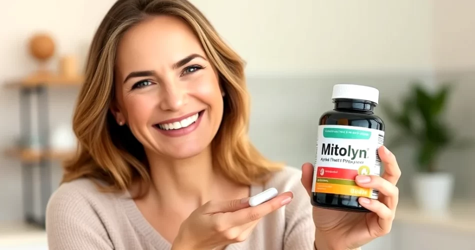 A happy woman holding a bottle of Mitolyn appetite suppressant pills, smiling confidently