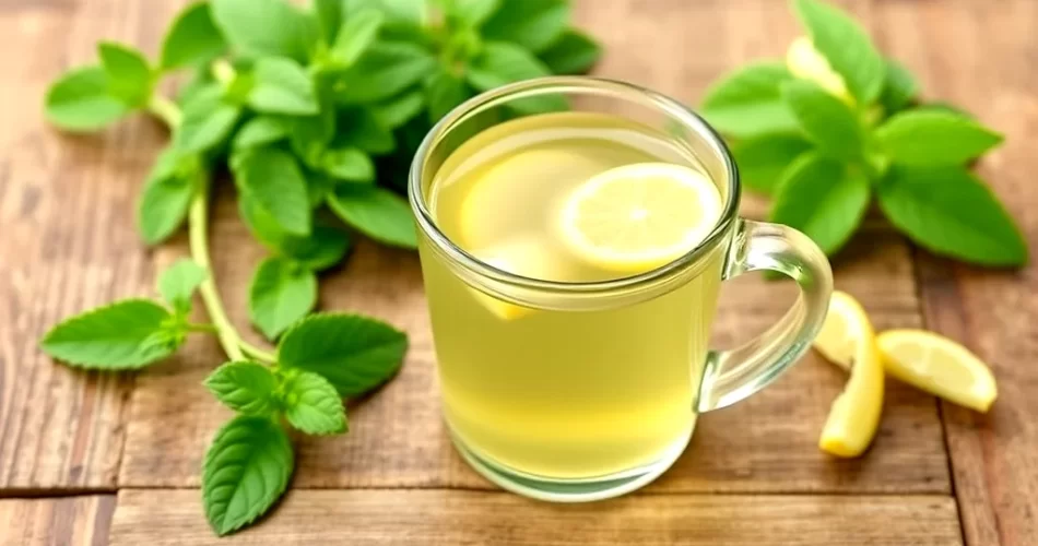 Close-up of fresh lemon balm leaves steeping in a glass teapot with golden sunlight, showing natural weight loss remedy