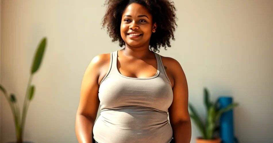 Woman measuring waist with tape showing loose skin after weight loss